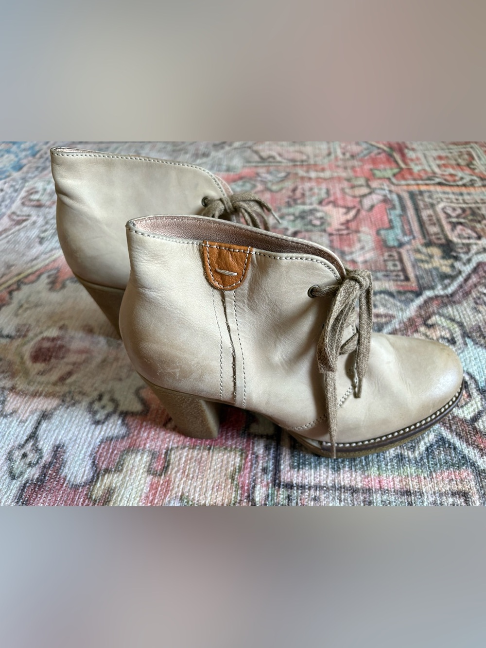 Browns Shoes Women's Beige Leather Lace-Up Ankle Booties with Block Heel
